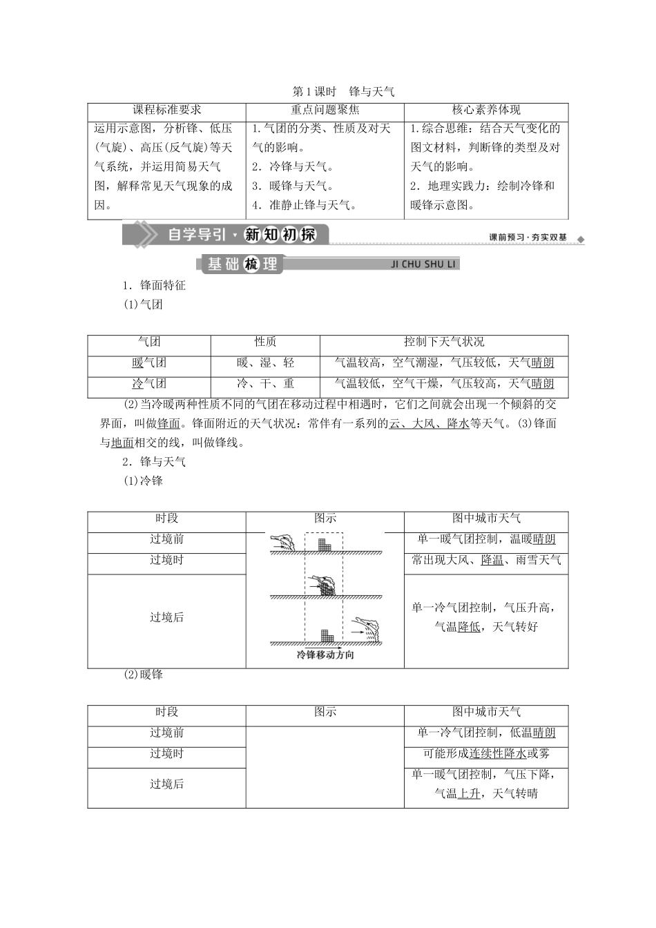 高中地理 第二章 地球上的大气 第五节 常见天气系统 第1课时 锋与天气学案 新人教版必修1-新人教版高一必修1地理学案_第1页