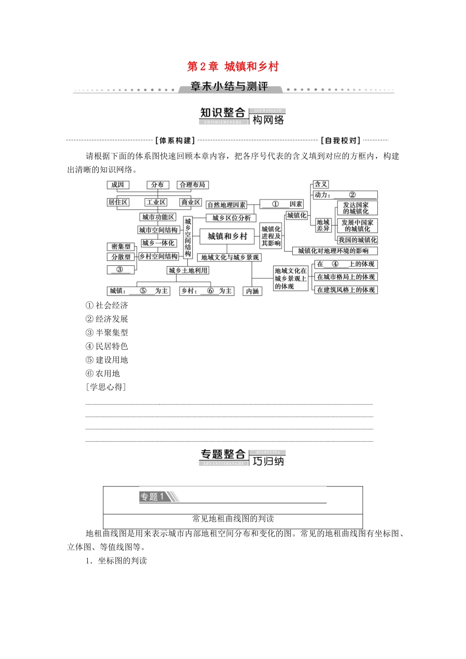 高中地理 第2章 城镇和乡村章末小结与测评学案 湘教版必修第二册-湘教版高一第二册地理学案_第1页