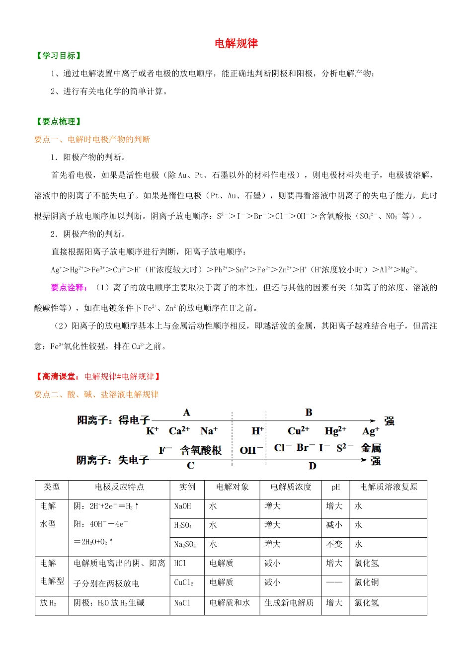 高中化学 电解规律（基础）知识讲解学案 新人教版选修4-新人教版高二选修4化学学案_第1页