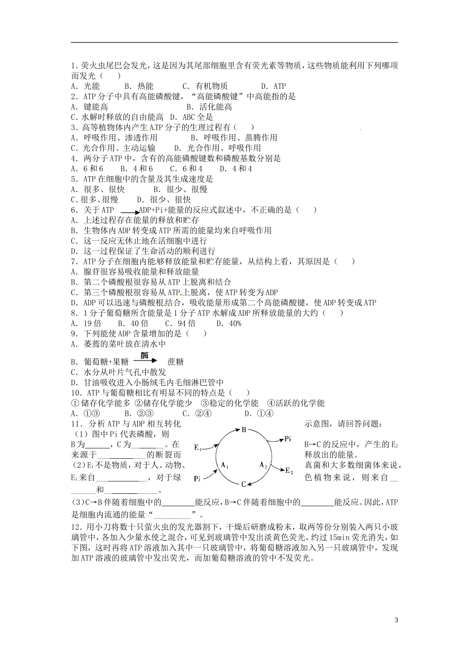 河北省唐山市开滦第二中学高中生物 5.2 细胞的能量 通货 ATP导学案 新人教版必修1_第3页