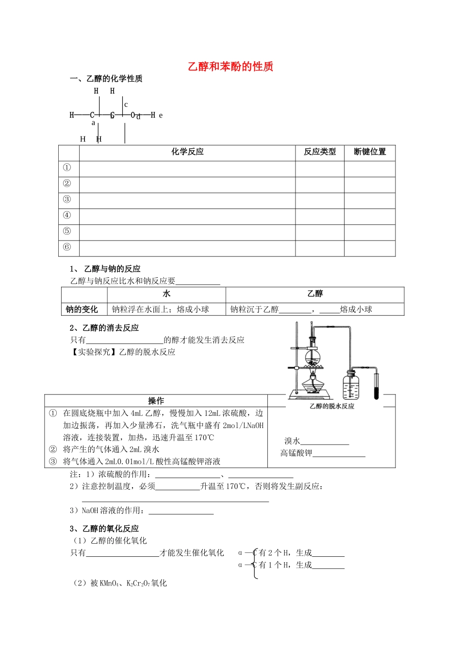 高考化学 实验化学乙醇和苯酚的性质学案 苏教版修6_第1页