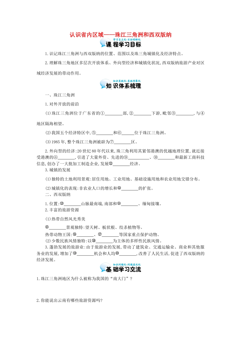 高考地理总复习 区域地理——中国地理《认识省内区域——珠江三角洲和西双版纳》导学案-人教版高三全册地理学案_第1页