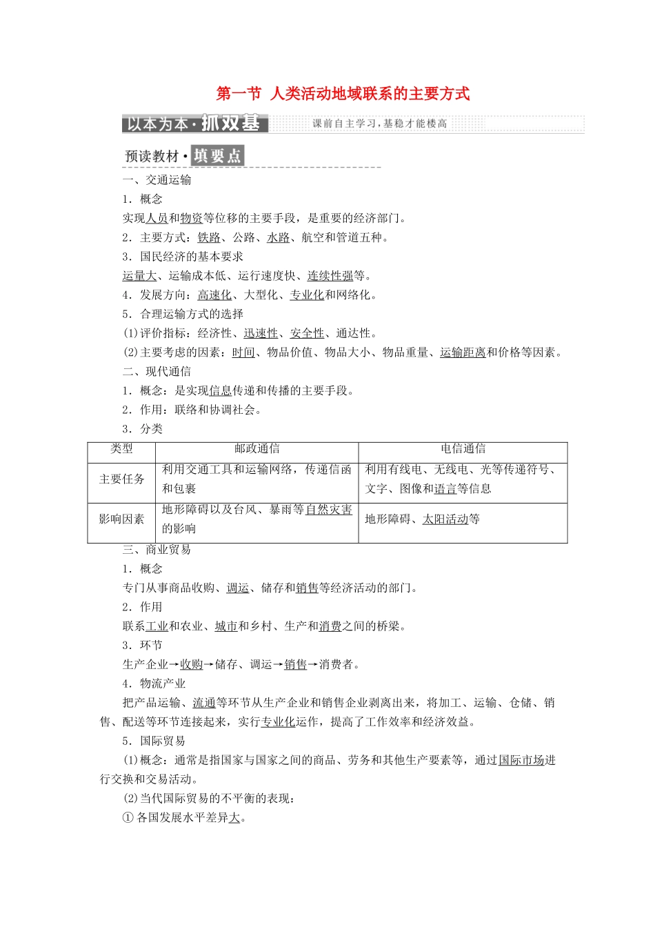 高中地理 第四单元 人类活动的地域联系 第一节 人类活动地域联系的主要方式学案（含解析）鲁教版必修2-鲁教版高一必修2地理学案_第1页