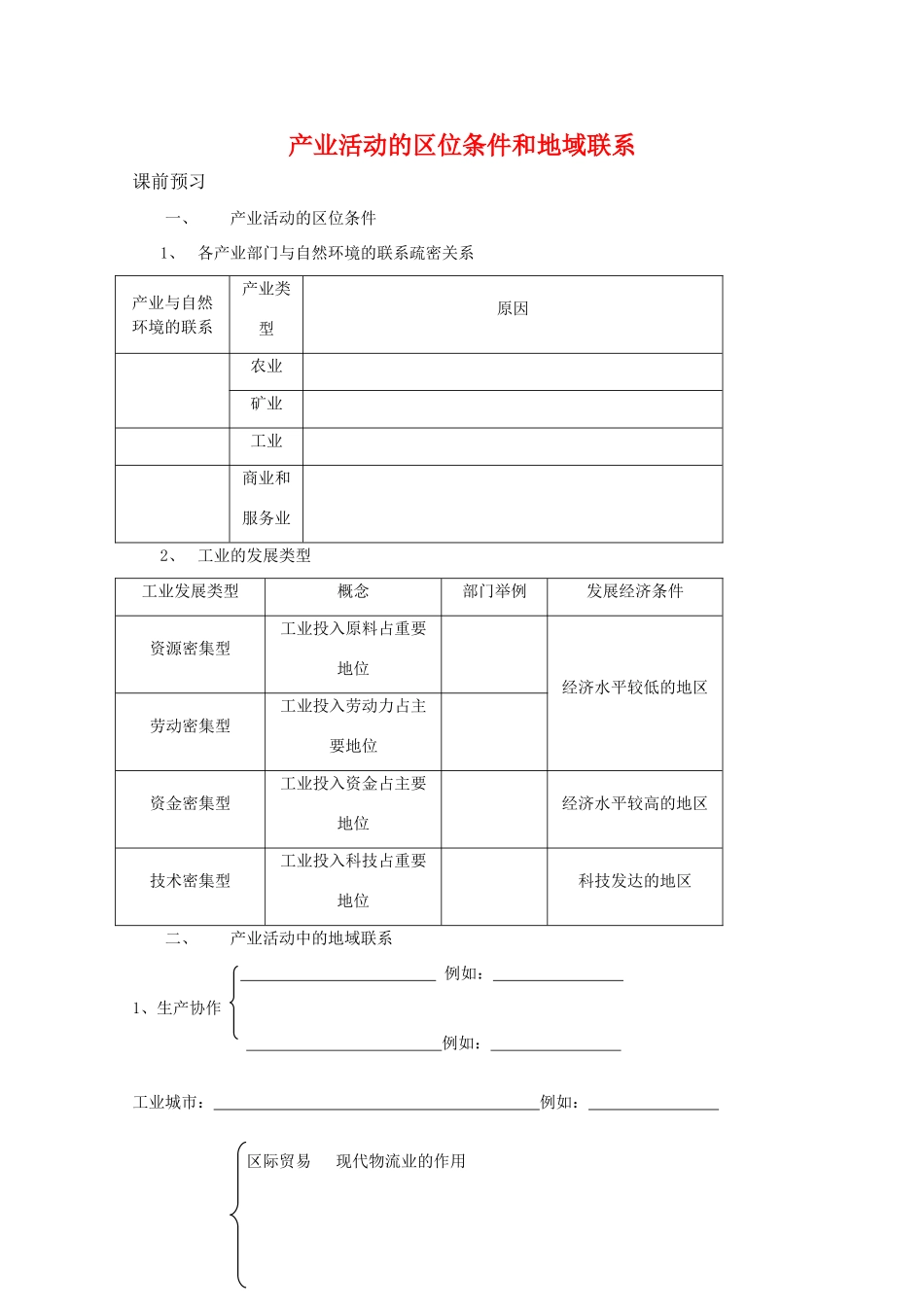 高一地理期中复习学案系列——产业活动的区位条件和地域联系 湘教版必修2_第1页