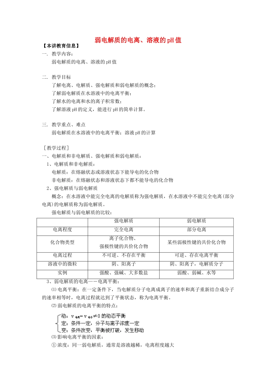 高考化学第一轮复习 专题 弱电解质的电离、溶液的pH学案 苏教版-苏教版高三全册化学学案_第1页