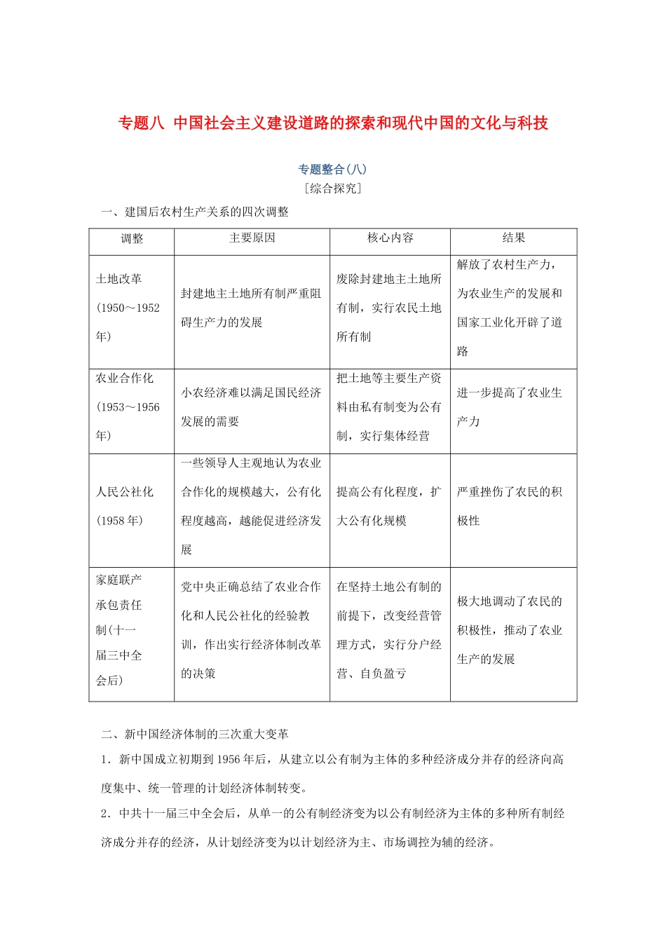 高考历史总复习 专题八 中国社会主义建设道路的探索和现代中国的文化与科技专题整合学案-人教版高三全册历史学案_第1页