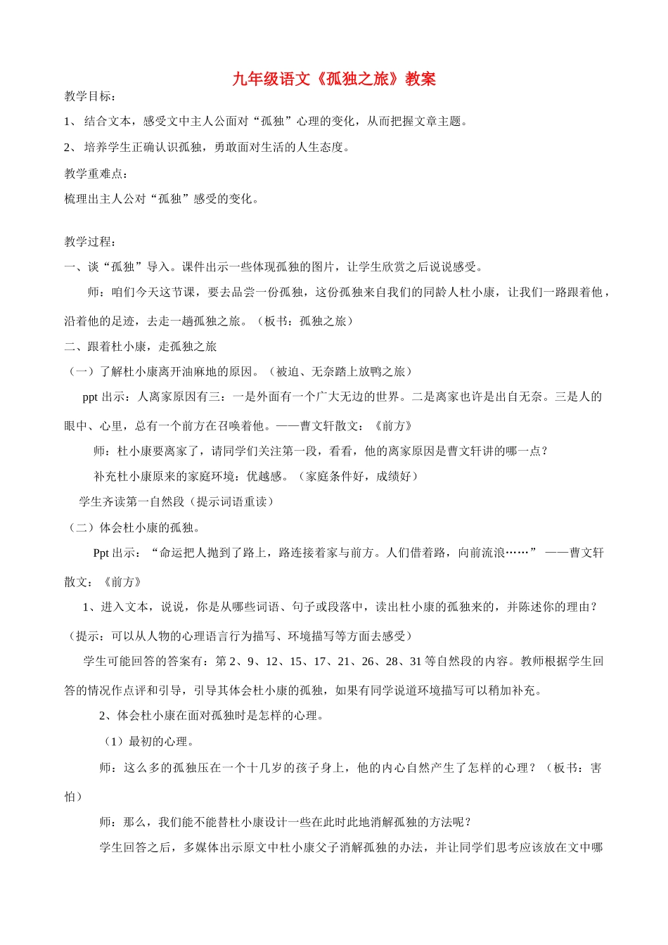 九年级语文上册 《孤独之旅》教案  人教新课标版_第1页