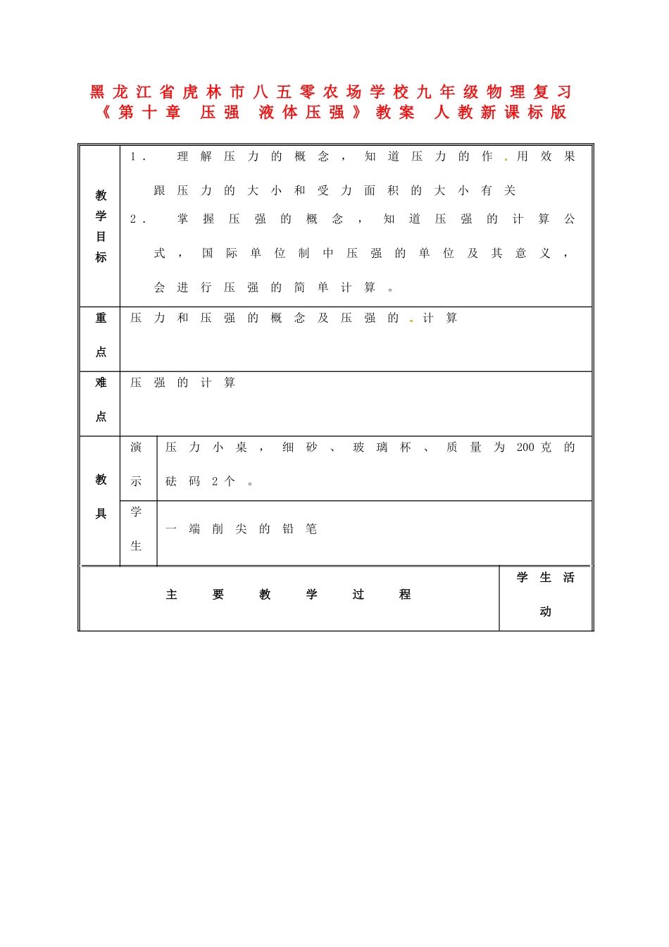 黑龙江省虎林市八五零农场学校九年级物理复习《第十章 压强 液体压强》教案 人教新课标版_第1页