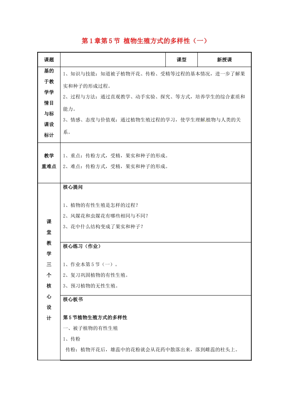 浙江省温州市苍南县桥墩镇五凤学校七年级科学下册 第1章第5节 植物生殖方式的多样性教案（一） 浙教版_第1页