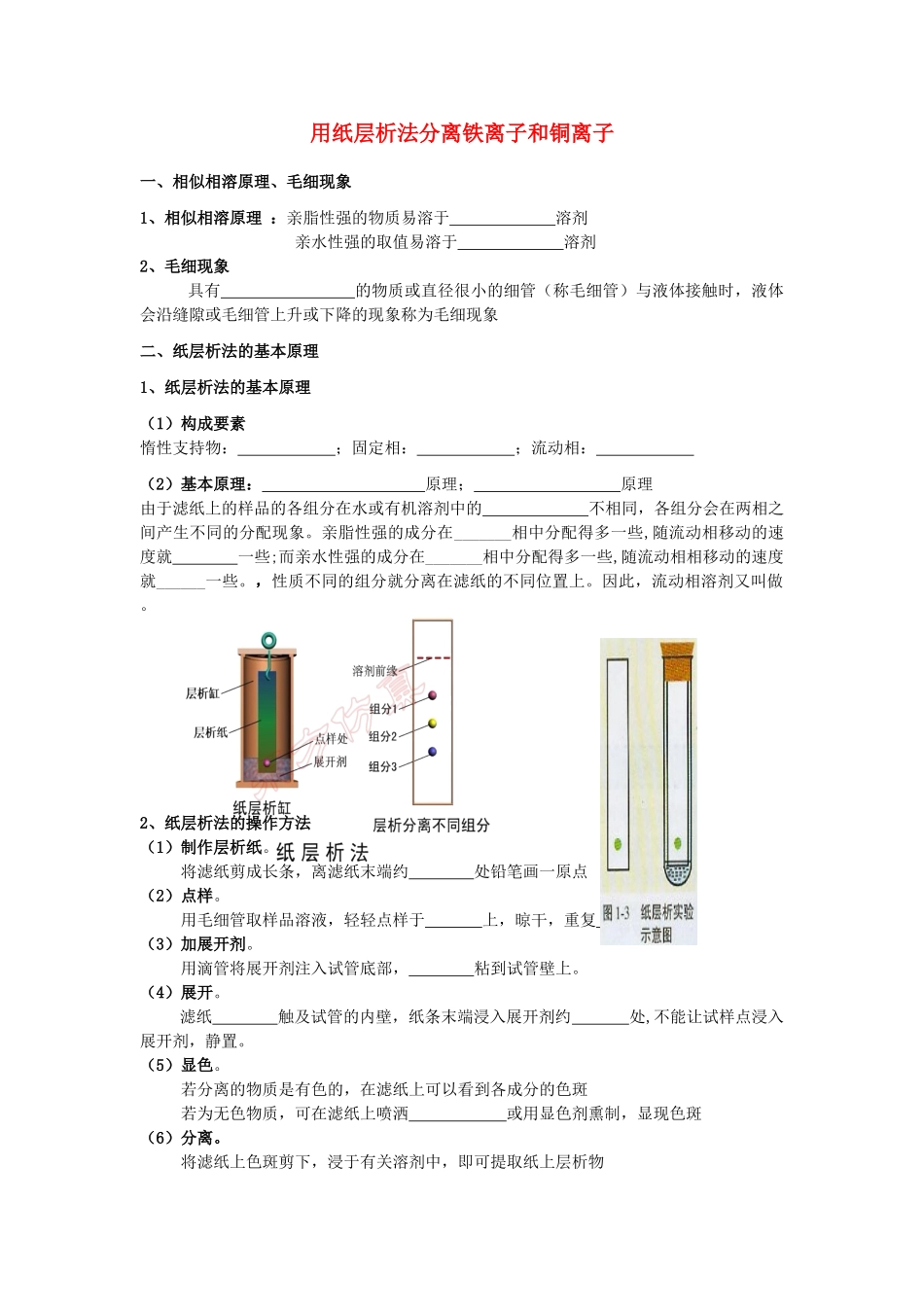 高考化学 实验化学用纸层析法分离铁离子和铜离子学案 苏教版修6_第1页