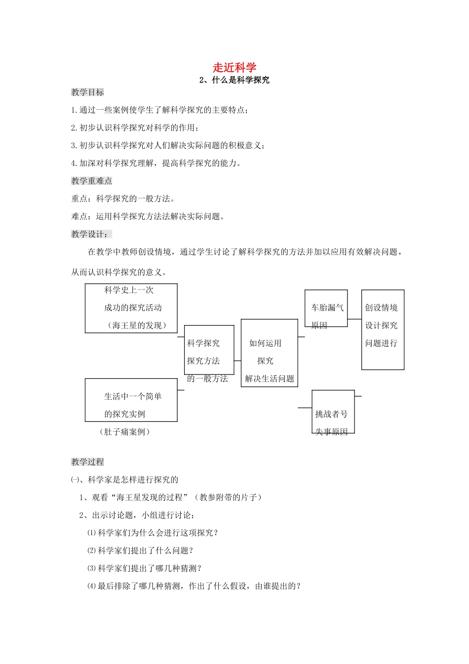 秋七年级科学上册《走近科学》（什么是科学探究）教案 （新版）华东师大版-（新版）华东师大版初中七年级上册自然科学教案_第1页