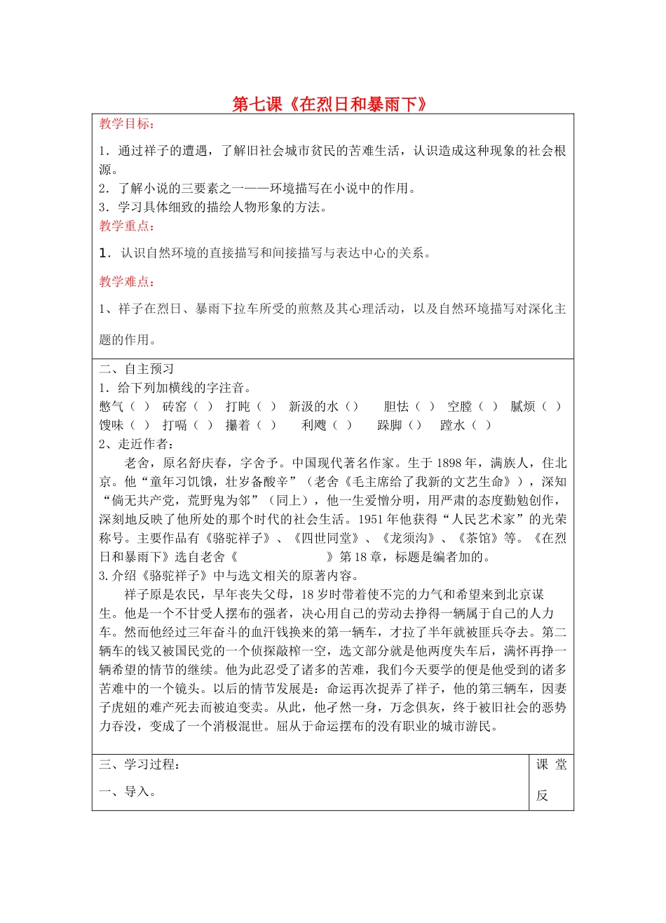 宁夏银川四中九年级语文上册 第七课《在烈日和暴雨下》教案 苏教版_第1页