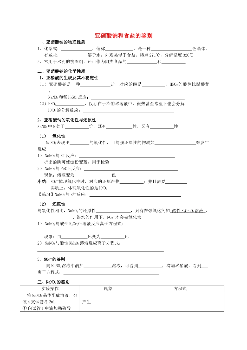 高考化学 实验化学亚硝酸钠和食盐的鉴别学案 苏教版修6_第1页