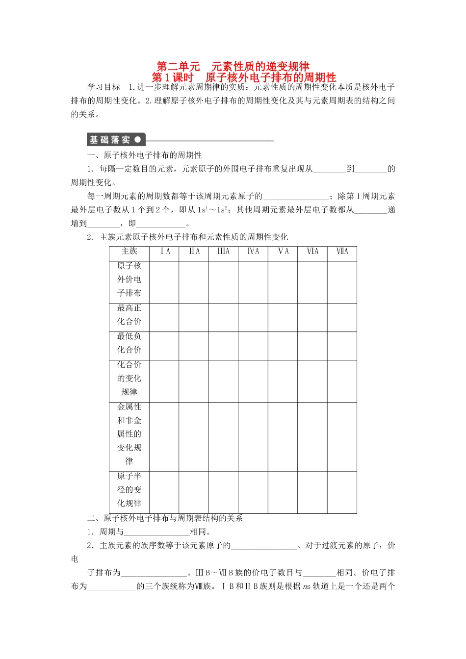 高中化学 专题2 原子结构与元素的性质 2.2.1 原子核外电子排布的周期性学案 苏教版选修3-苏教版高二选修3化学学案_第1页