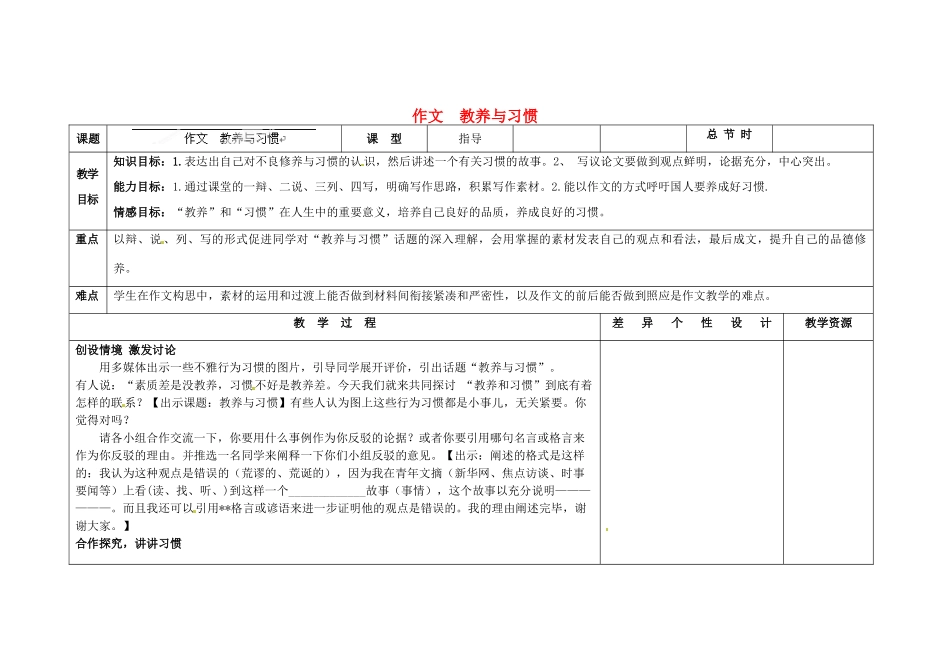 吉林省长春市第一零四中学九年级语文上册 教养与习惯作文教案 长春版_第1页