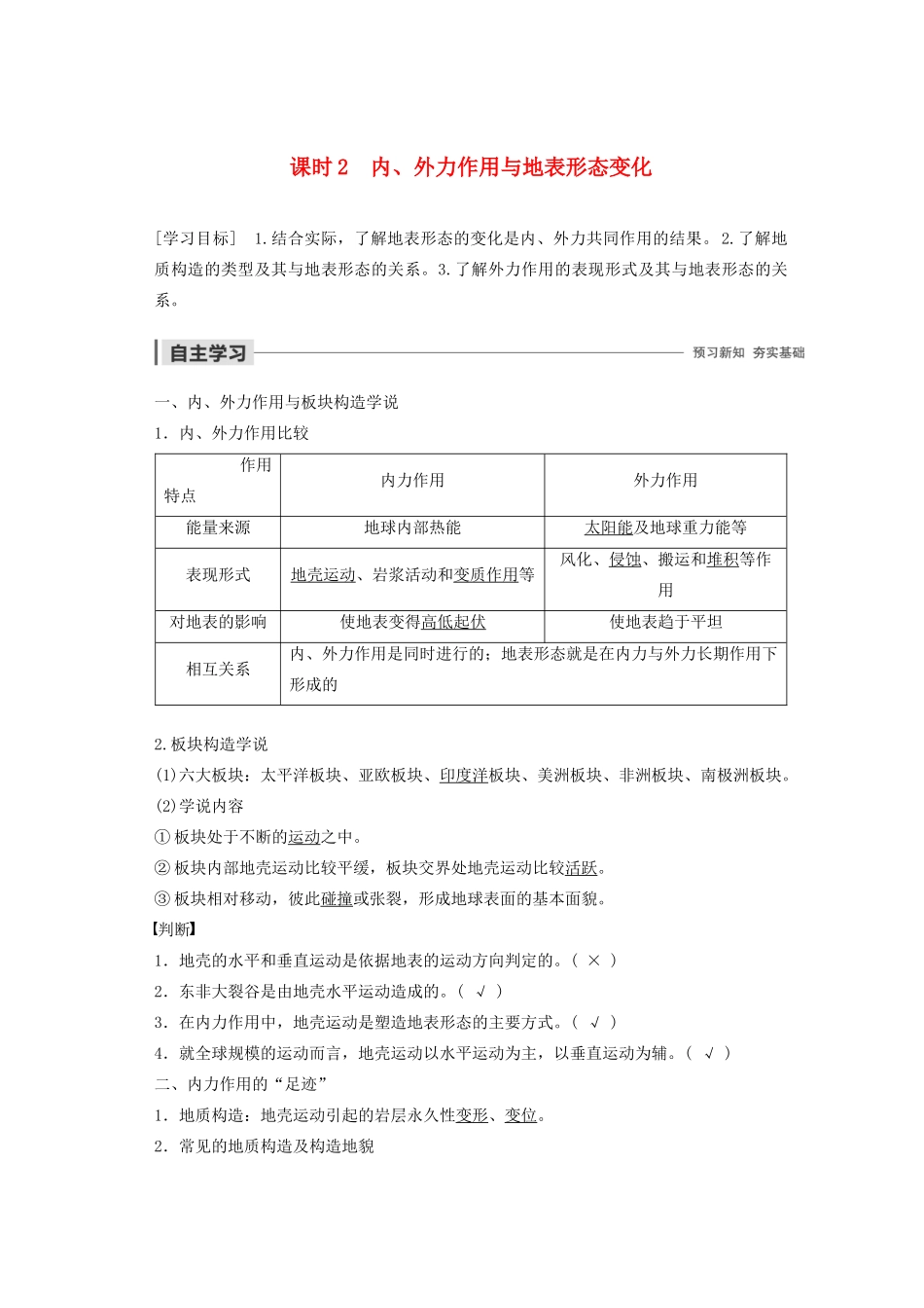 高中地理 第二单元 从地球圈层看地理环境 第一节 岩石圈与地表形态 课时2 内、外力作用与地表形态变化学案（含解析）鲁教版必修1-鲁教版高一必修1地理学案_第1页