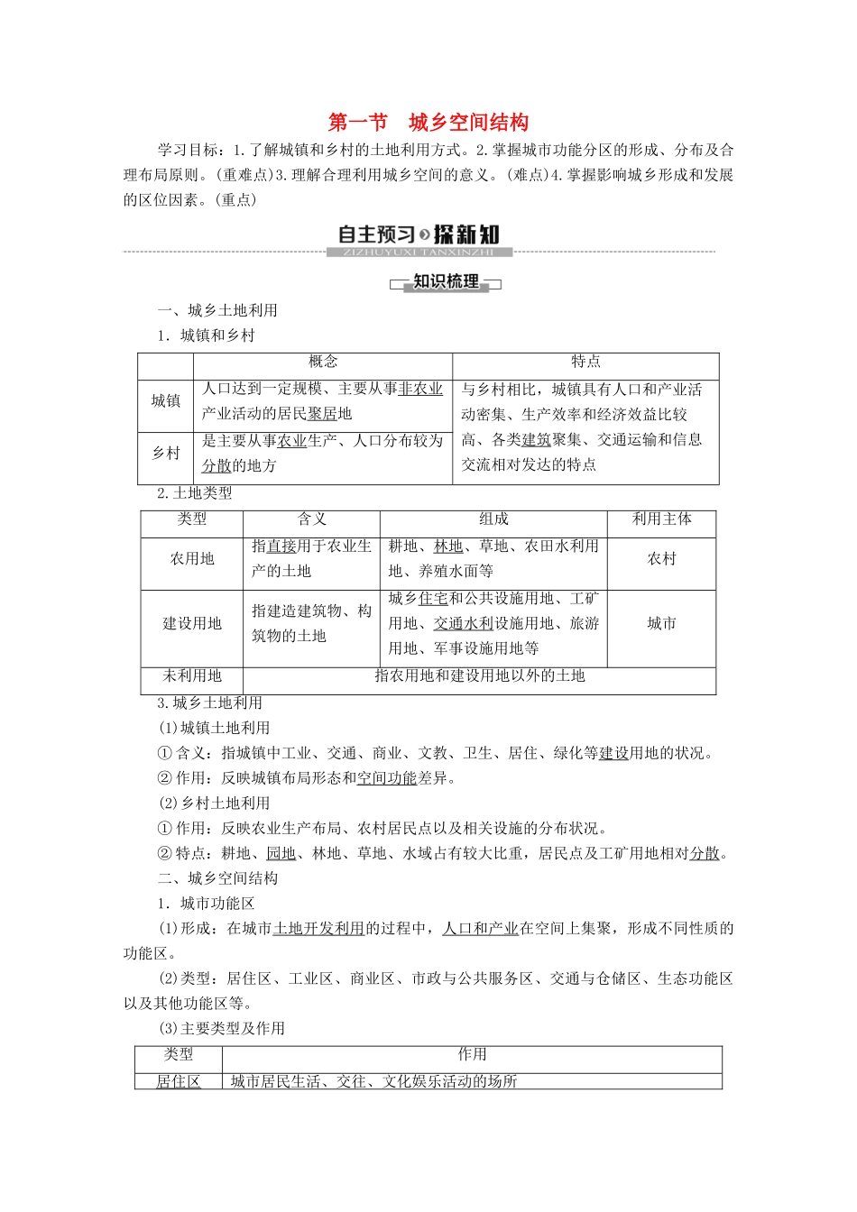高中地理 第2章 城镇和乡村 第1节 城乡空间结构学案 湘教版必修第二册-湘教版高一第二册地理学案_第1页