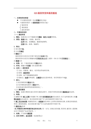 河北省广平一中高三生物总复习学案 020 基因突变和基因重组（艺术班）