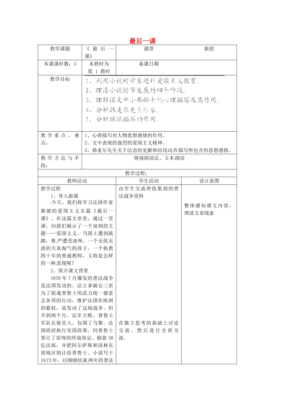 江苏省昆山市锦溪中学八年级语文上册 最后一课（第1课时）教案 苏教版_第1页