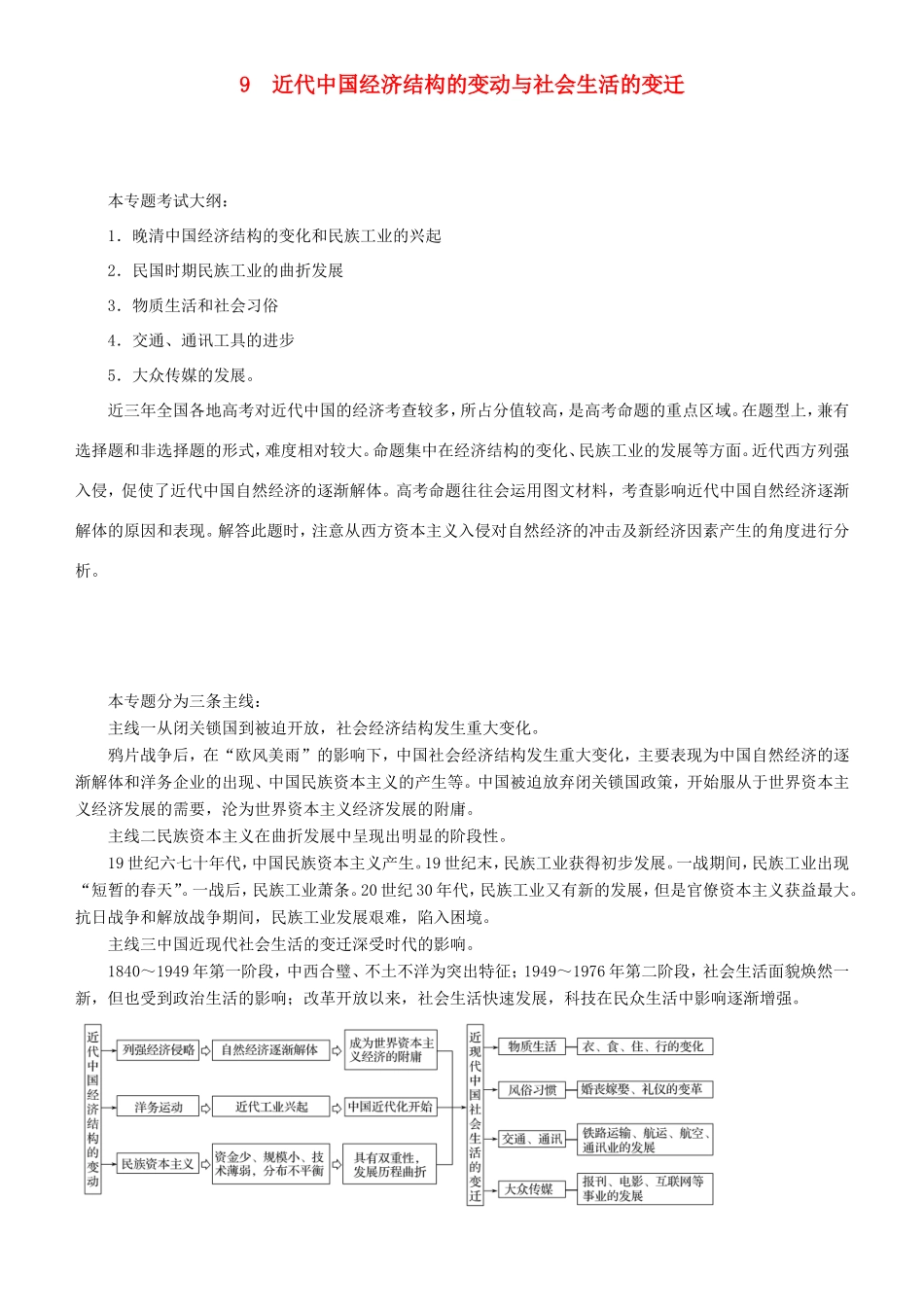 高考历史二轮复习 专题9 近代中国经济结构的变动与社会生活的变迁学案-人教版高三全册历史学案_第1页