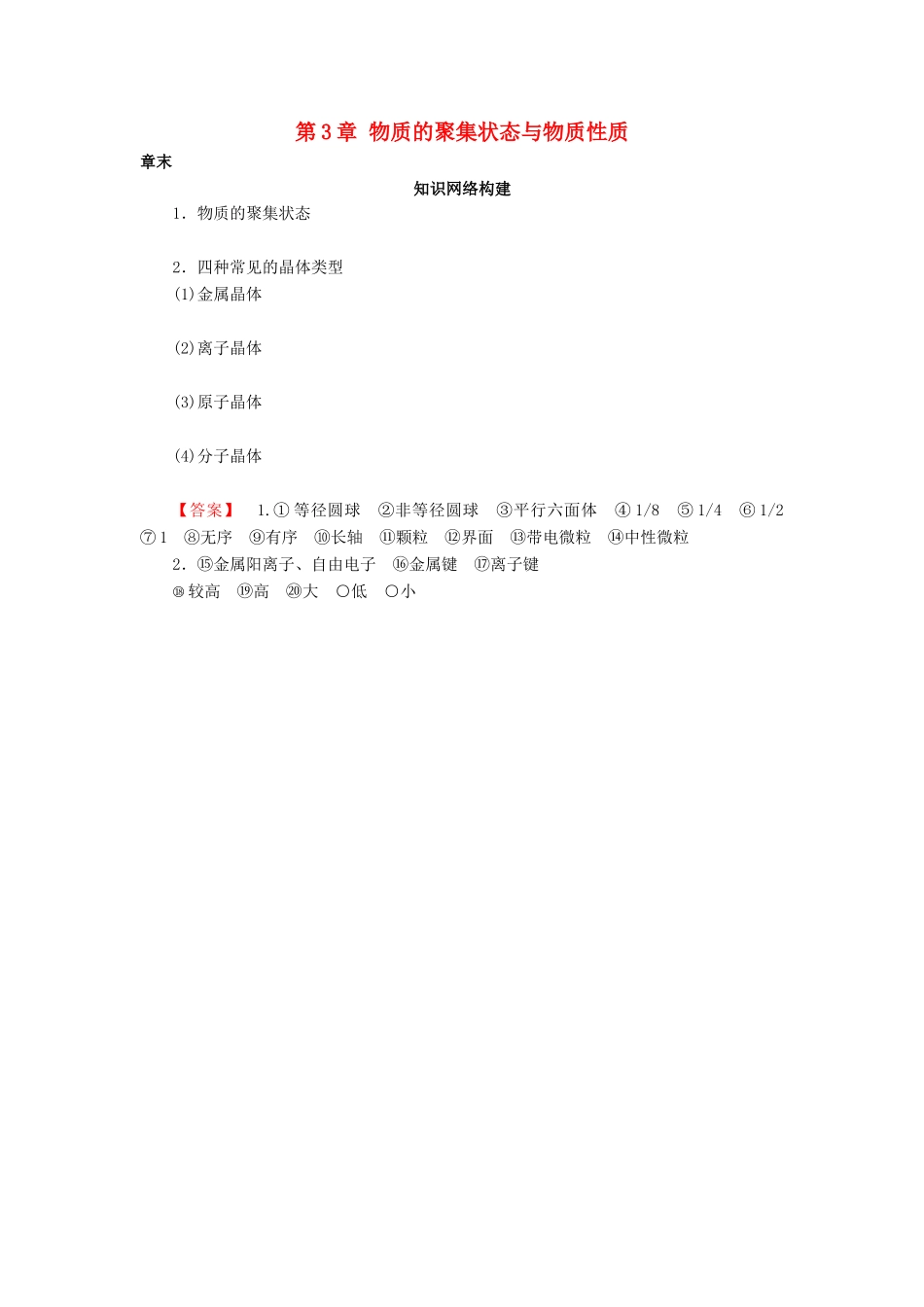 高中化学 第3章 物质的聚集状态与物质性质章末知识网络构建学案 鲁科版选修3-鲁科版高二选修3化学学案_第1页