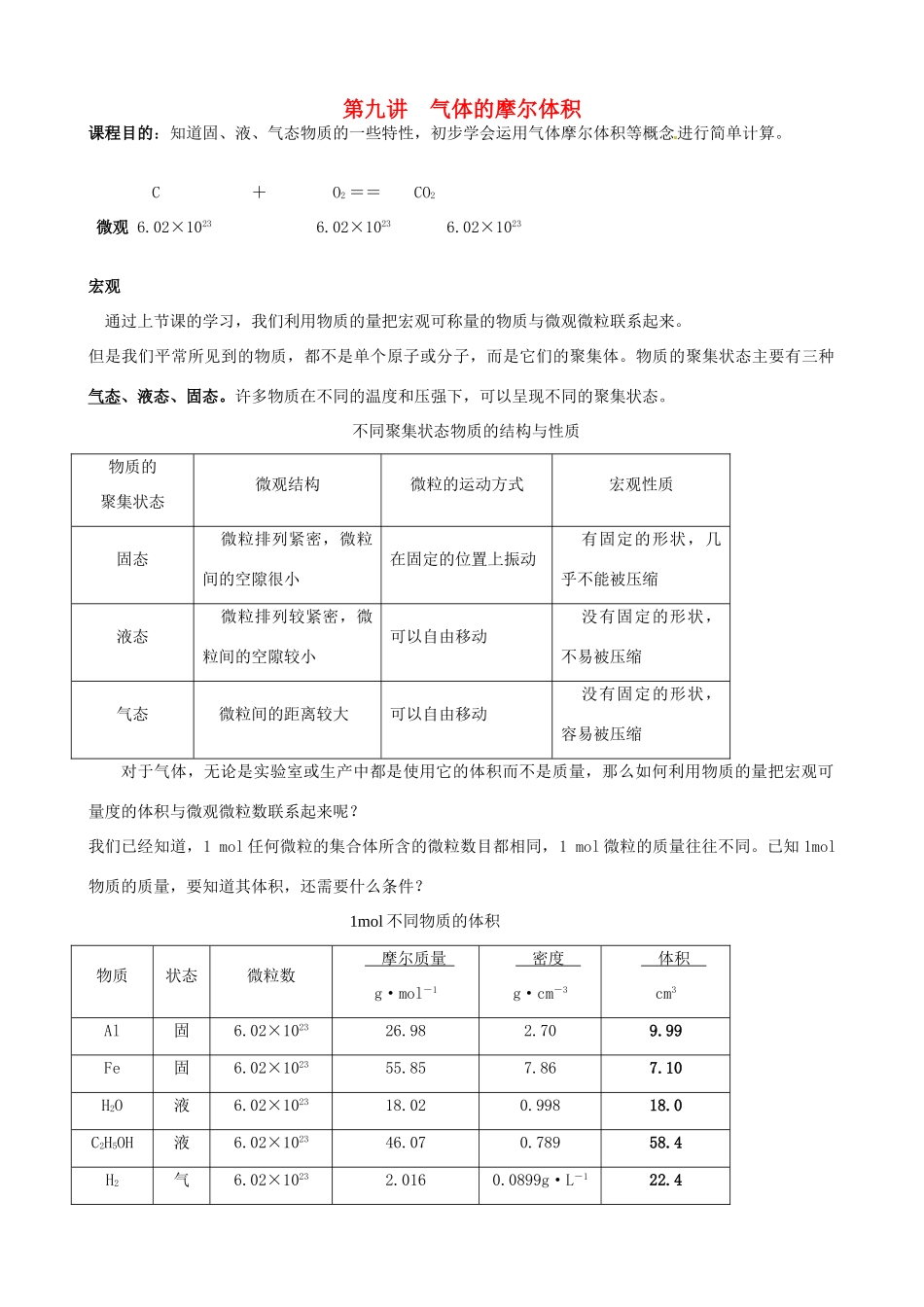 高一化学 初升高课程衔接 第十讲 气体摩尔体积学案-人教版高一全册化学学案_第1页