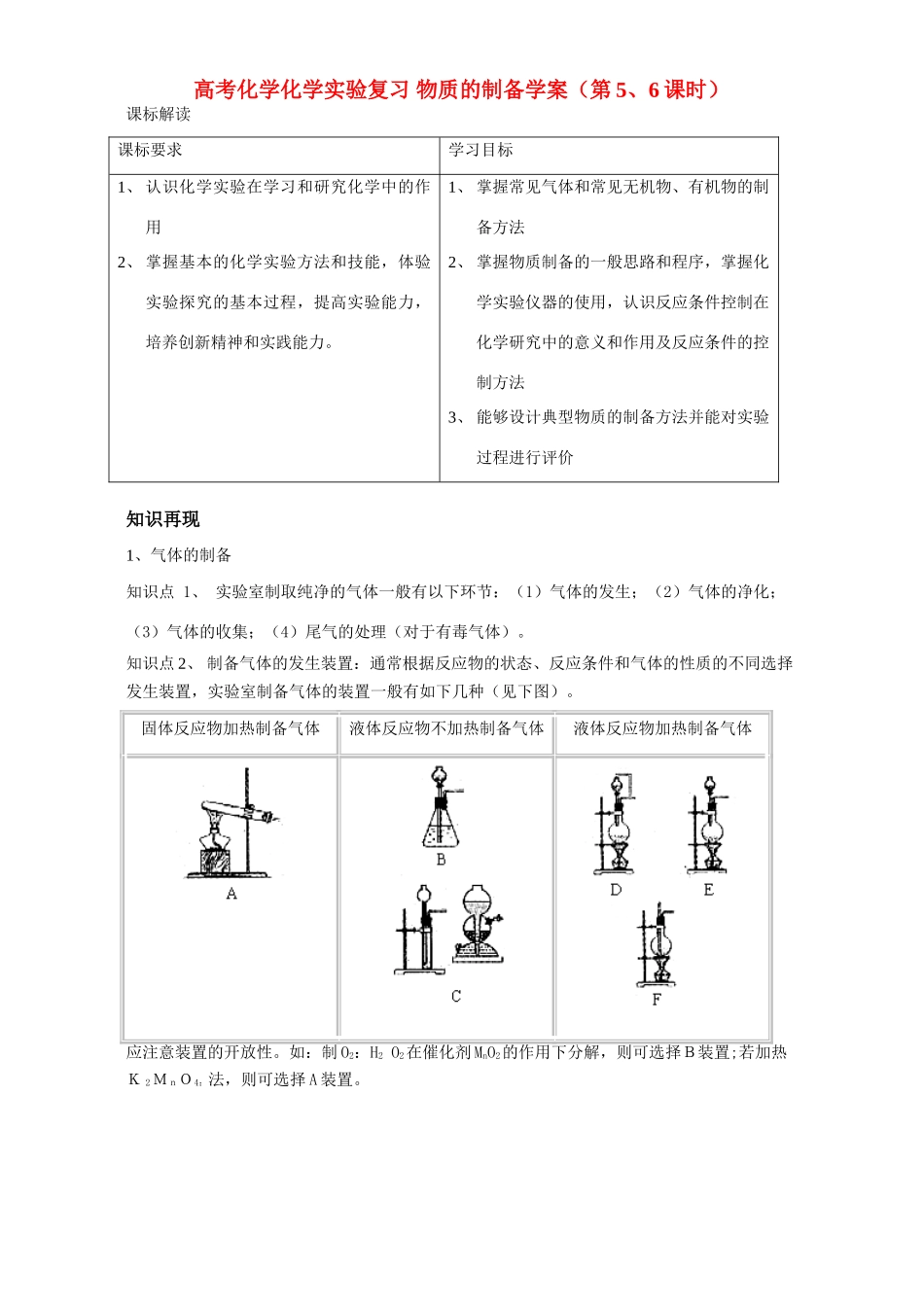 高考化学化学实验复习 物质的制备学案（第5、6课时）_第1页