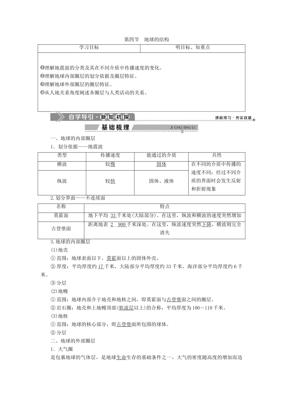 高中地理 第一章 宇宙中的地球 7 第四节 地球的结构学案 湘教版必修1-湘教版高一必修1地理学案_第1页