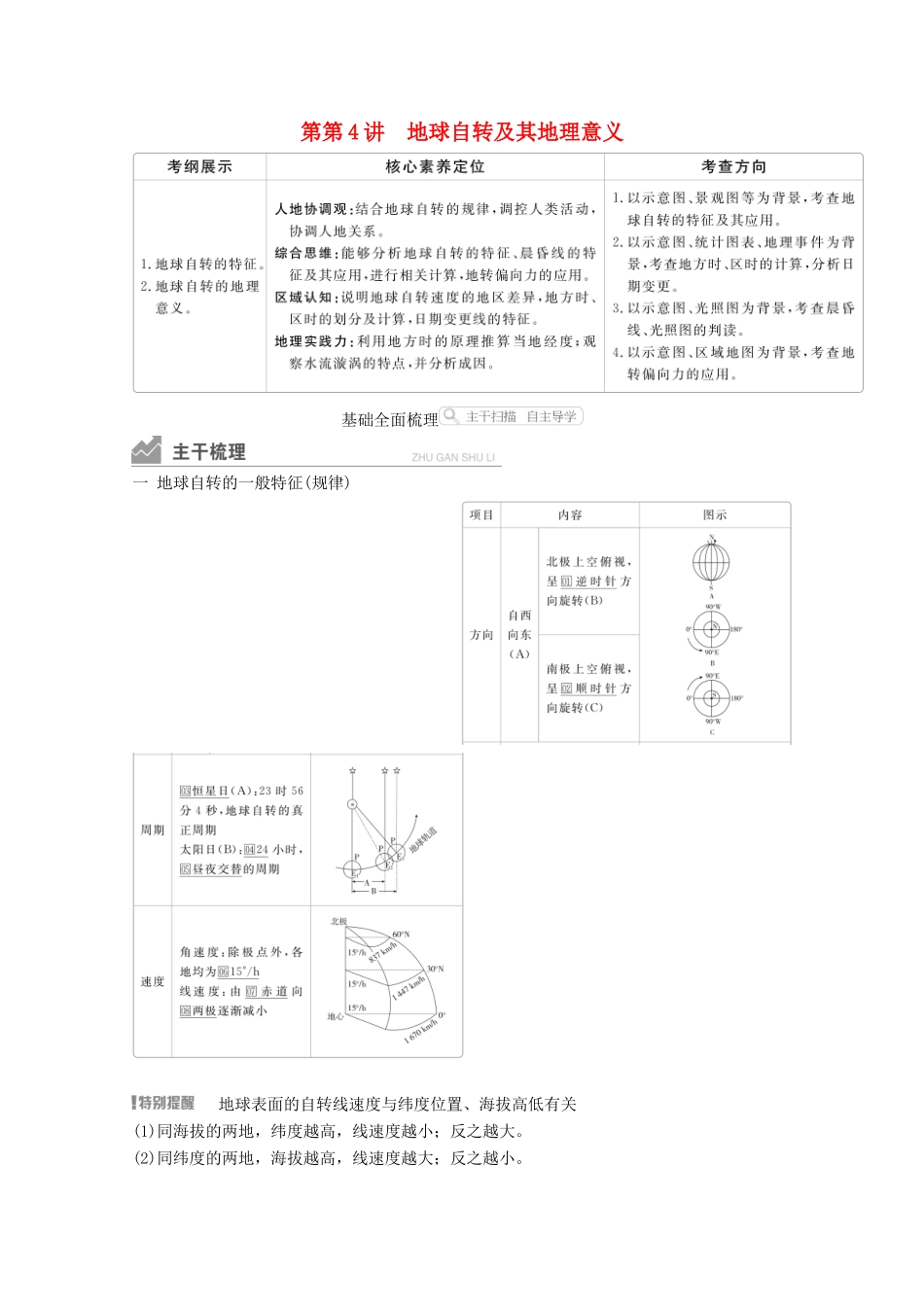 高考地理一轮复习 第一部分 自然地理--重在理解 第一章 行星地球 第4讲 地球自转及其地理意义学案 新人教版-新人教版高三全册地理学案_第1页