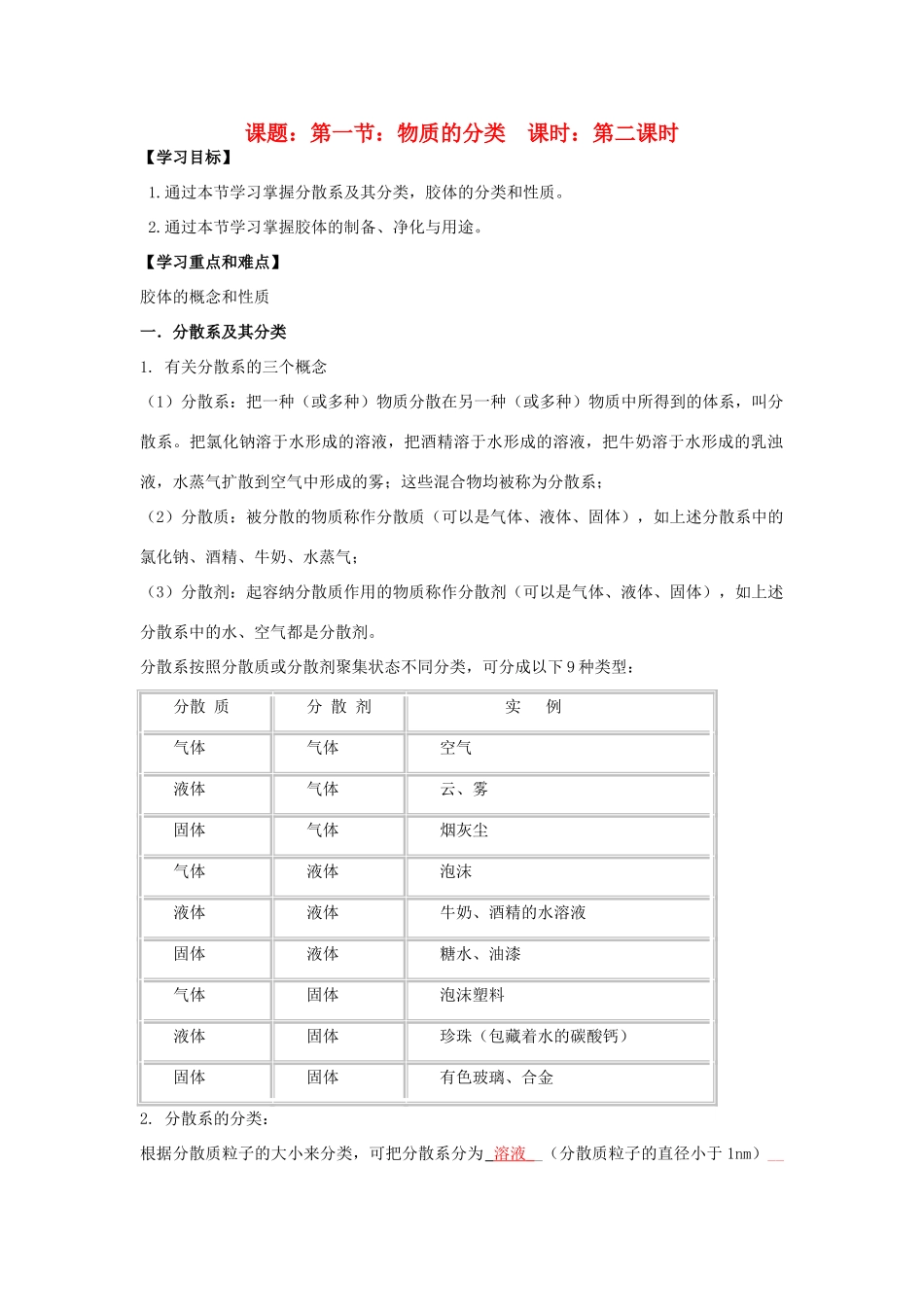 高中化学 第2章 化学物质及其变化 第1节 物质的分类（2）导学案 新人教版必修1-新人教版高一必修1化学学案_第1页