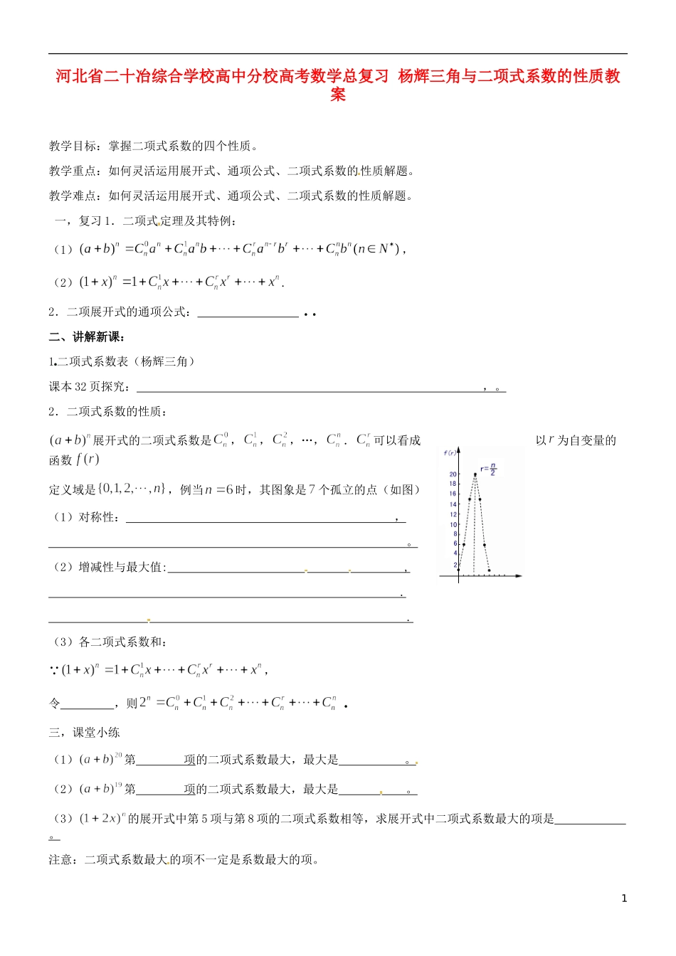 河北省二十冶综合学校高考数学总复习 杨辉三角与二项式系数的性质教案_第1页