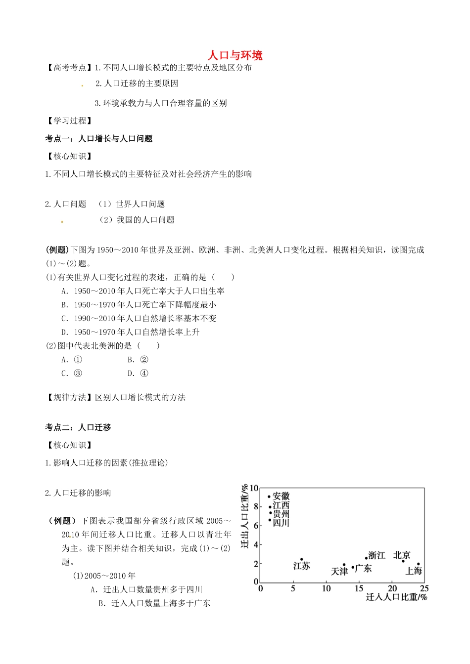 高三地理二轮复习《人口与环境》学案-人教版高三全册地理学案_第1页