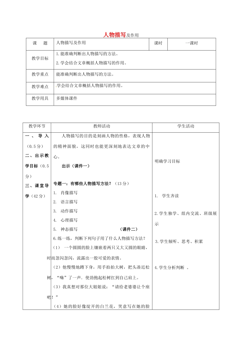 辽宁省恒仁满族自治县中考语文专题复习 记叙文 人物描写及作用教学设计-人教版初中九年级全册语文教案_第1页