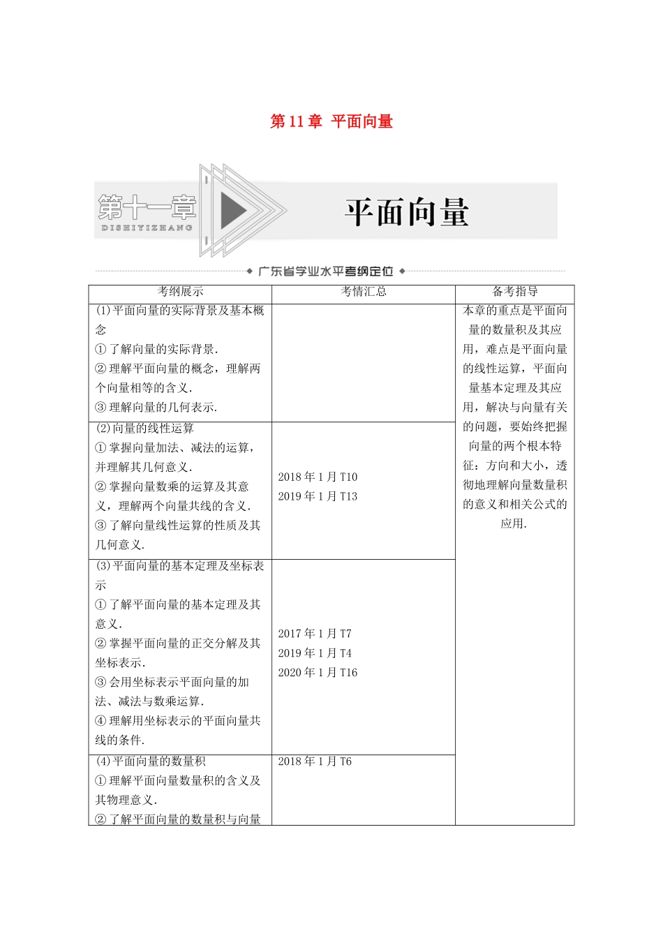 广东省高考数学学业水平合格考试总复习 第11章 平面向量（教师用书）教案-人教版高三全册数学教案_第1页