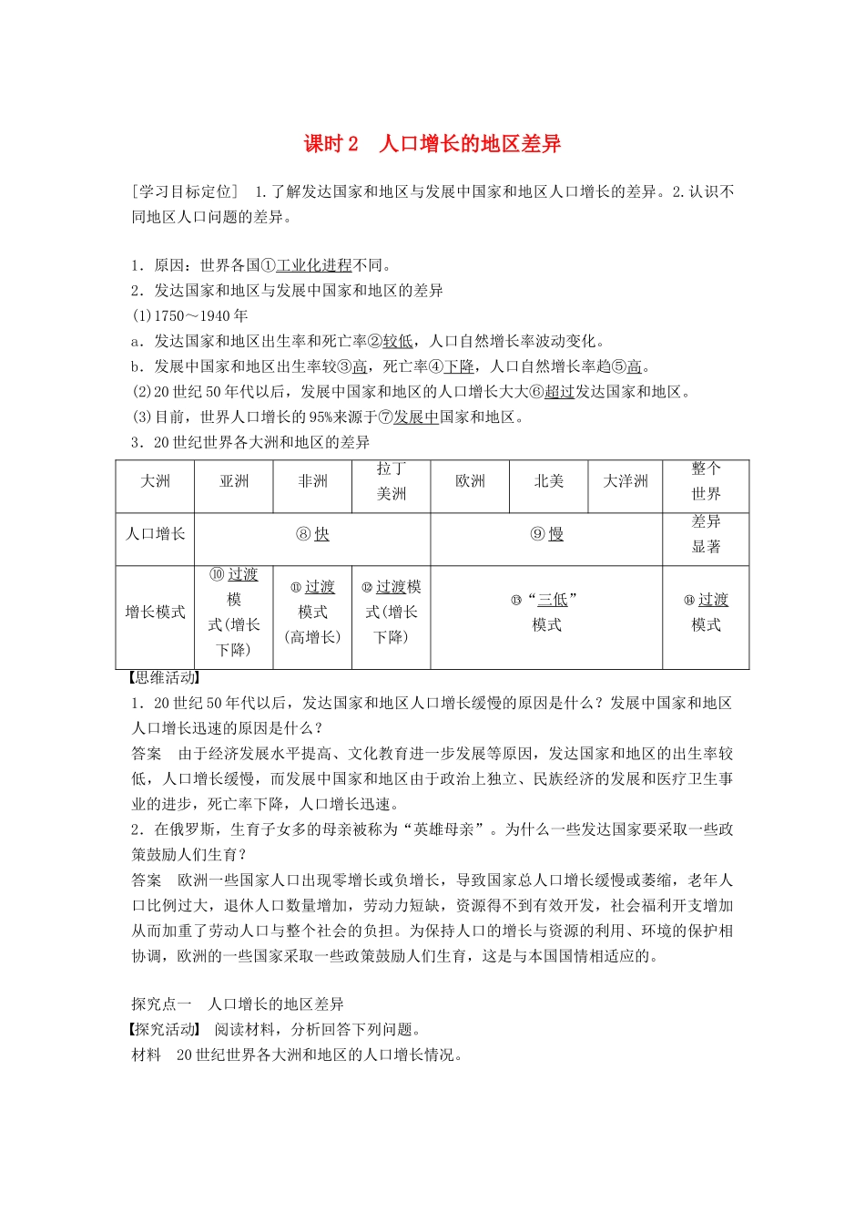 高中地理 第一章 第一节 人口增长的模式及地区分布（课时2）学案 中图版必修2-中图版高一必修2地理学案_第1页