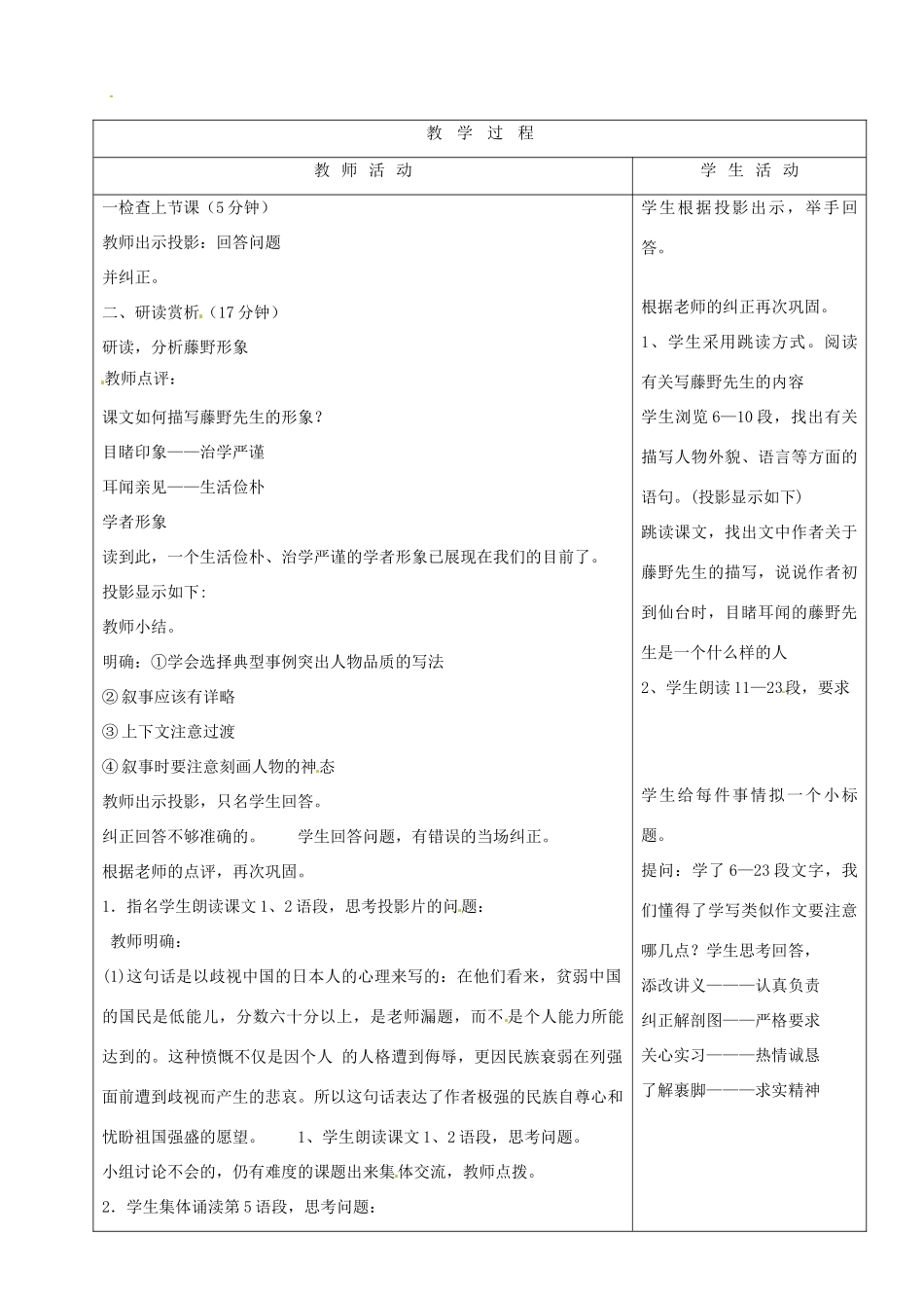 山东省烟台20中八年级语文下册 《藤野先生》（二）教学设计_第2页