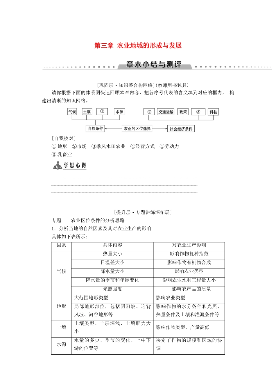 高中地理 第三章 农业地域的形成与发展章末小结与测评学案 新人教版必修2-新人教版高一必修2地理学案_第1页