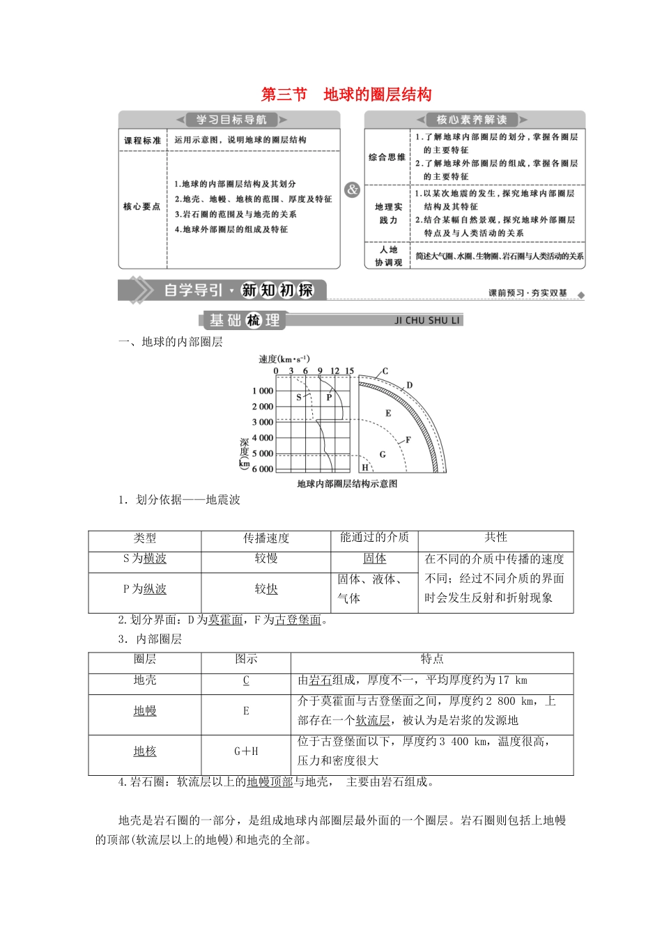 高中地理 第一单元 从宇宙看地球 1.3 地球的圈层结构学案 鲁教版必修第一册-鲁教版高一第一册地理学案_第1页