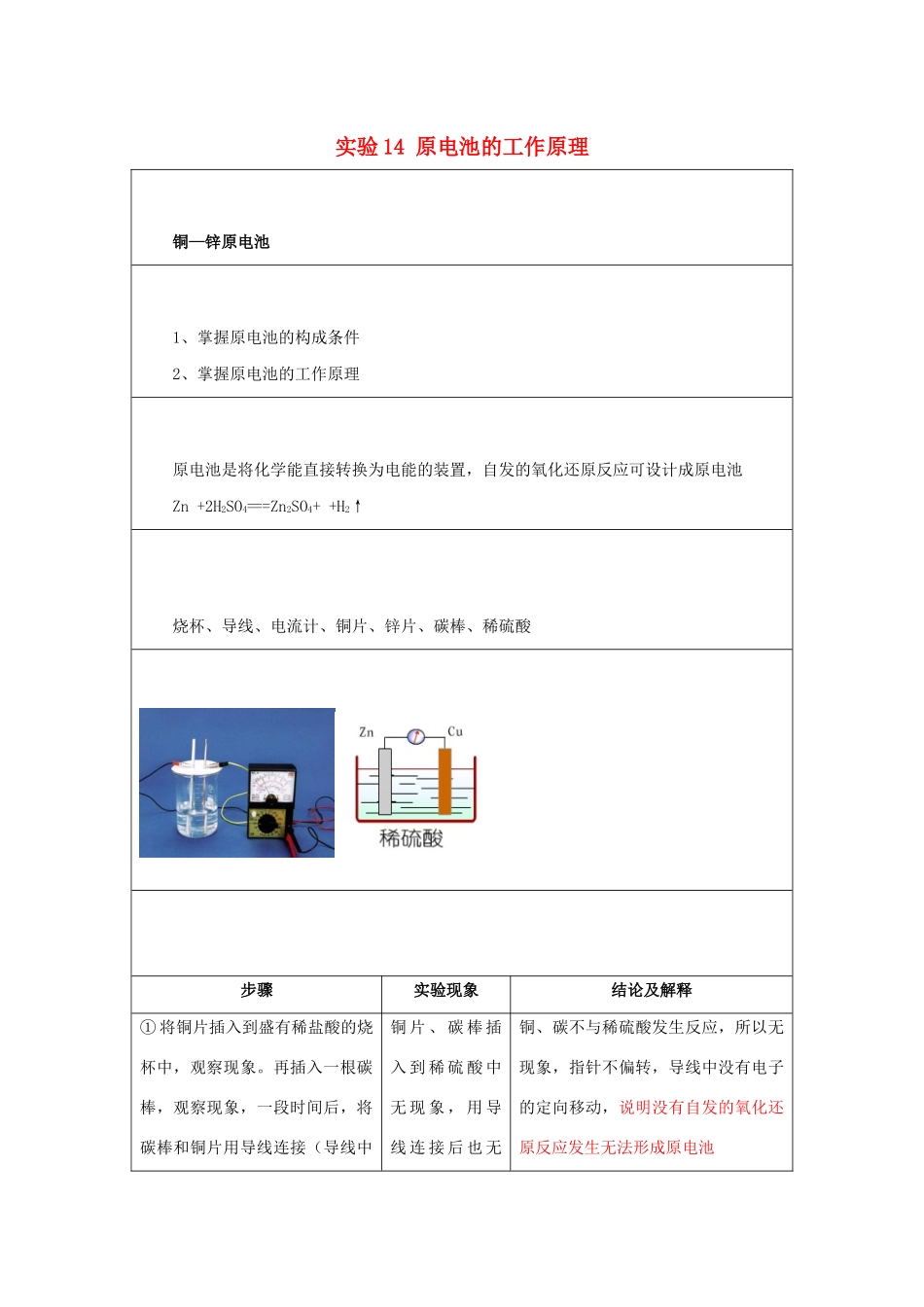 高一化学 实验14 原电池的工作原理学案-人教版高一全册化学学案_第1页