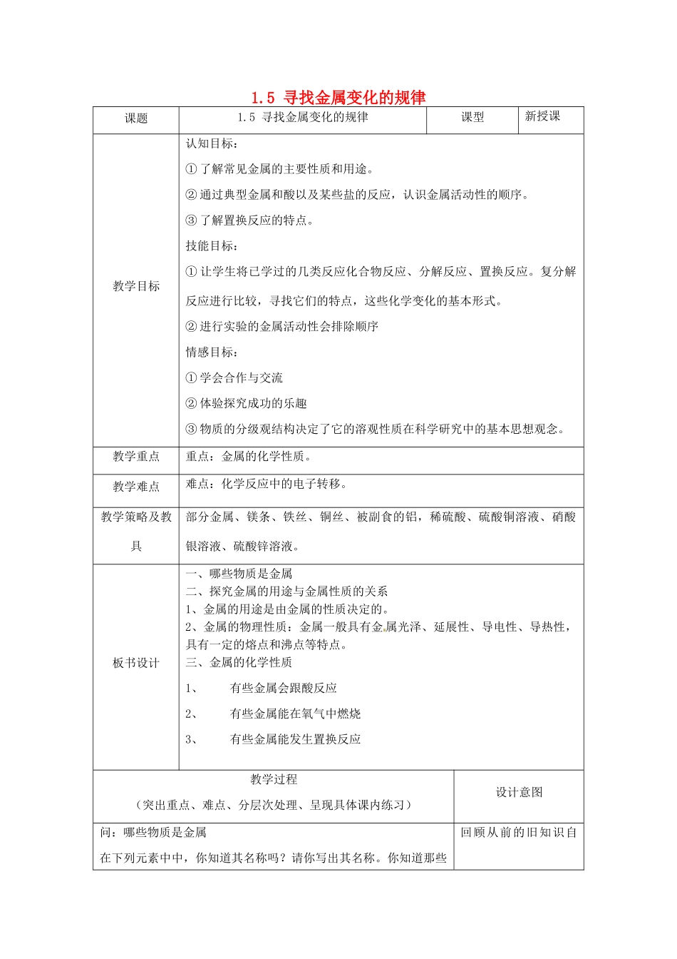 湖北省通山县杨芳中学九年级科学上册 1.5 寻找金属变化的规律教案 浙教版_第1页