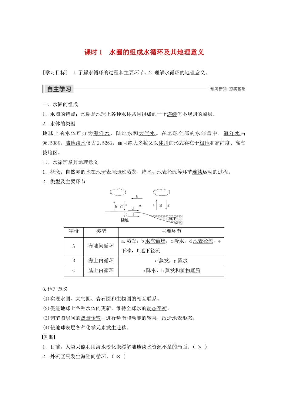 高中地理 第二单元 从地球圈层看地理环境 第三节 水圈和水循环 课时1 水圈的组成 水循环及其地理意义学案（含解析）鲁教版必修1-鲁教版高一必修1地理学案_第1页