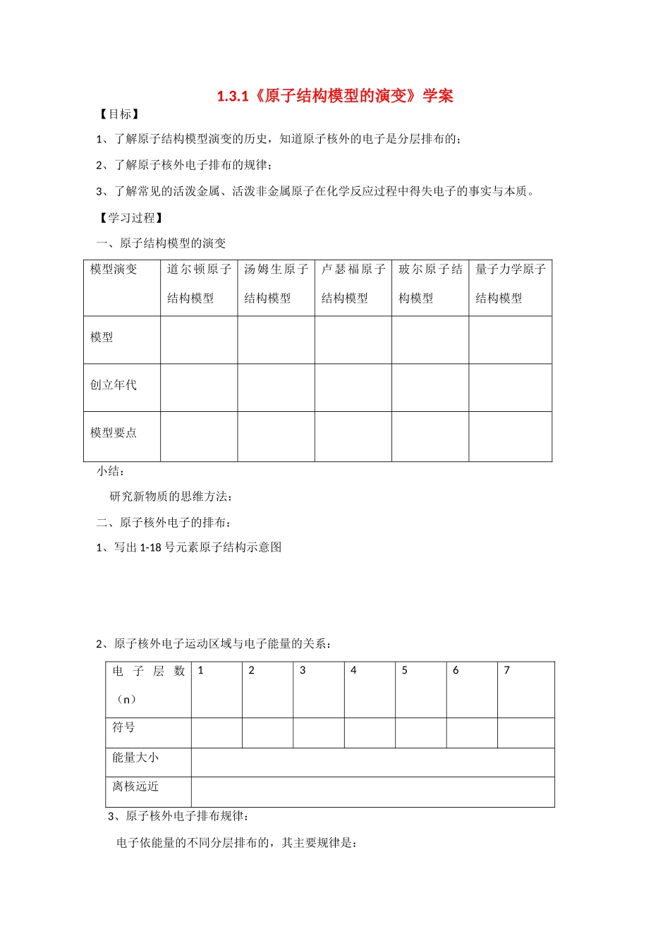 高中化学：1.3.1 原子结构模型的演变 学案（苏教版必修1）_第1页