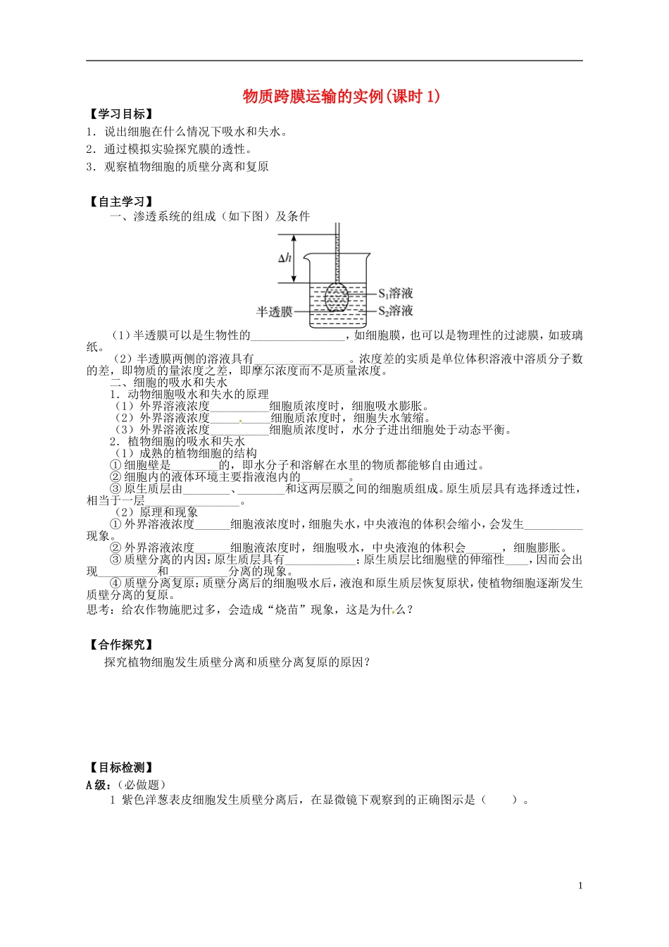 湖南省隆回县第二中学高中生物 第四章 物质跨膜运输的实例（课时1）学案 新人教版必修1_第1页