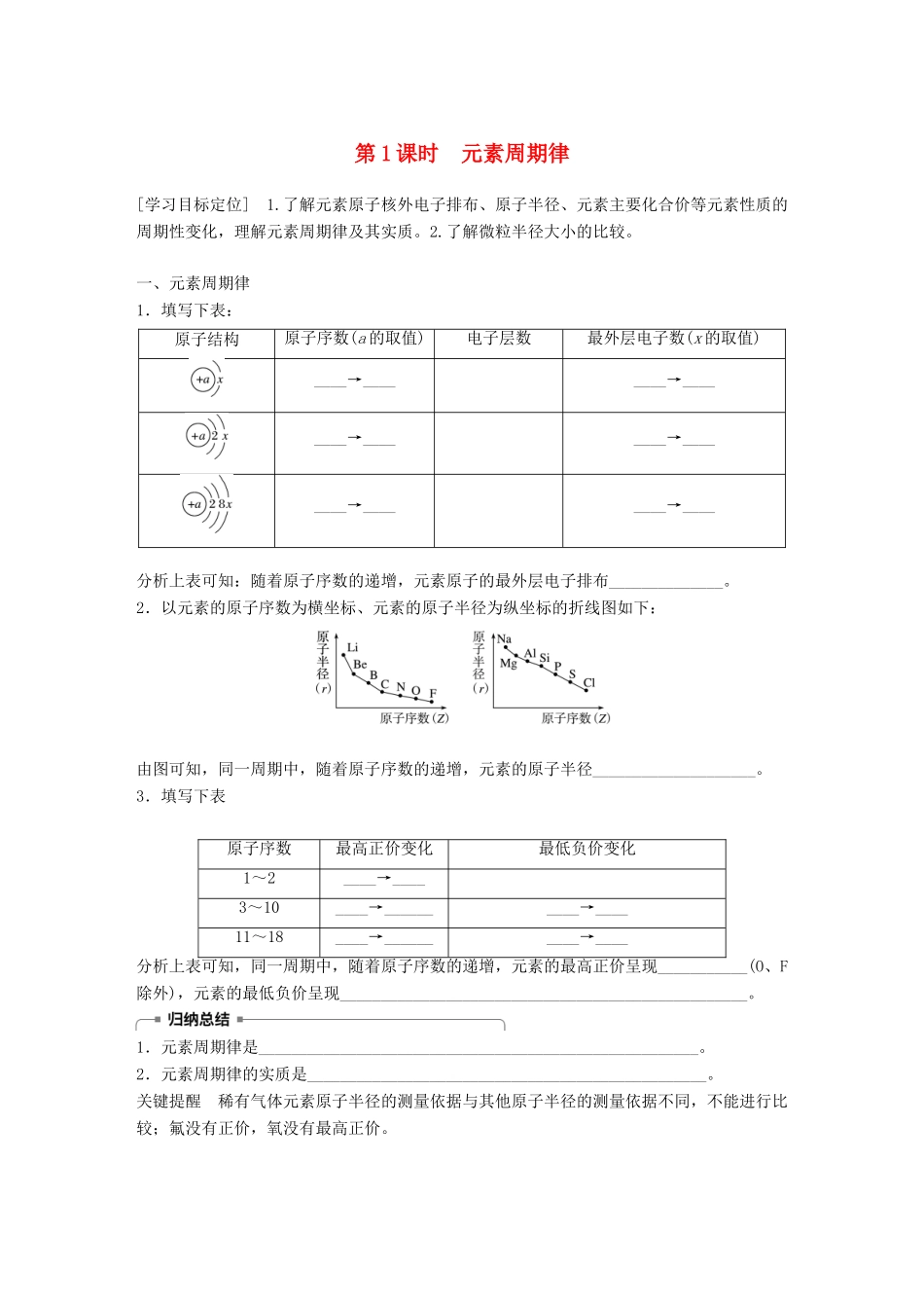 高中化学 第1章 原子结构与元素周期律 1.2.1 元素周期律学案 鲁科版必修2-鲁科版高一必修2化学学案_第1页