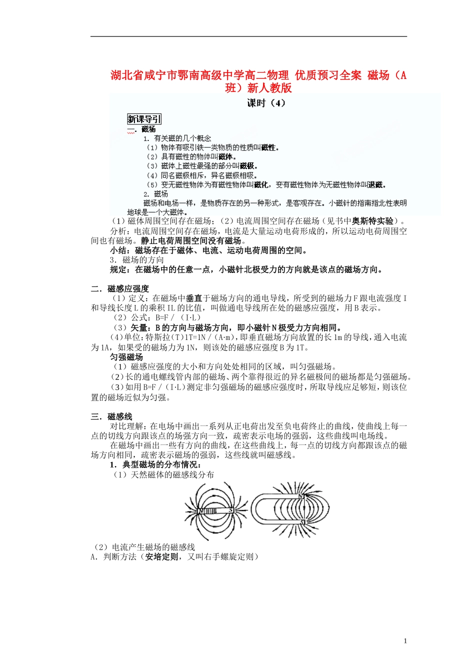 湖北省咸宁市鄂南高级中学高二物理 优质预习全案 磁场（A班）新人教版_第1页