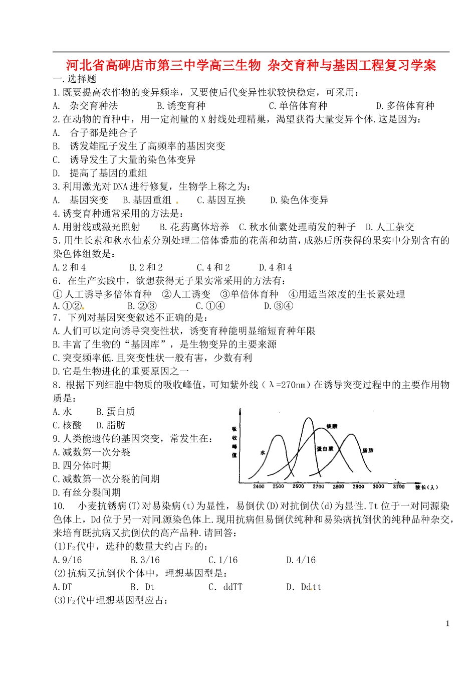 河北省高碑店市第三中学高三生物 杂交育种与基因工程复习学案_第1页