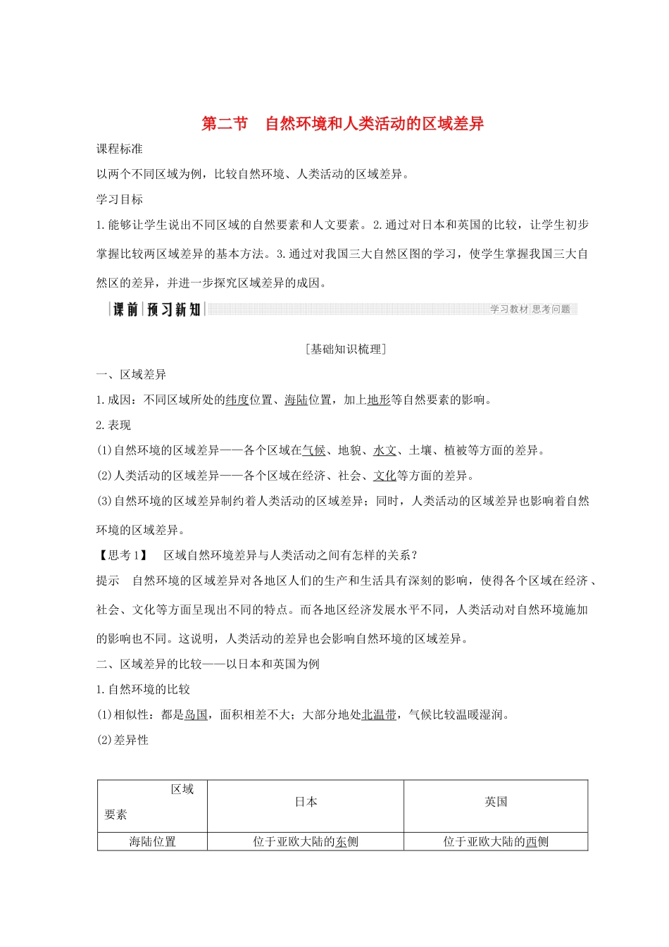 高中地理 第一章 区域地理环境与人类活动 1.2 自然环境和人类活动的区域差异学案 鲁教版必修3-鲁教版高一必修3地理学案_第1页