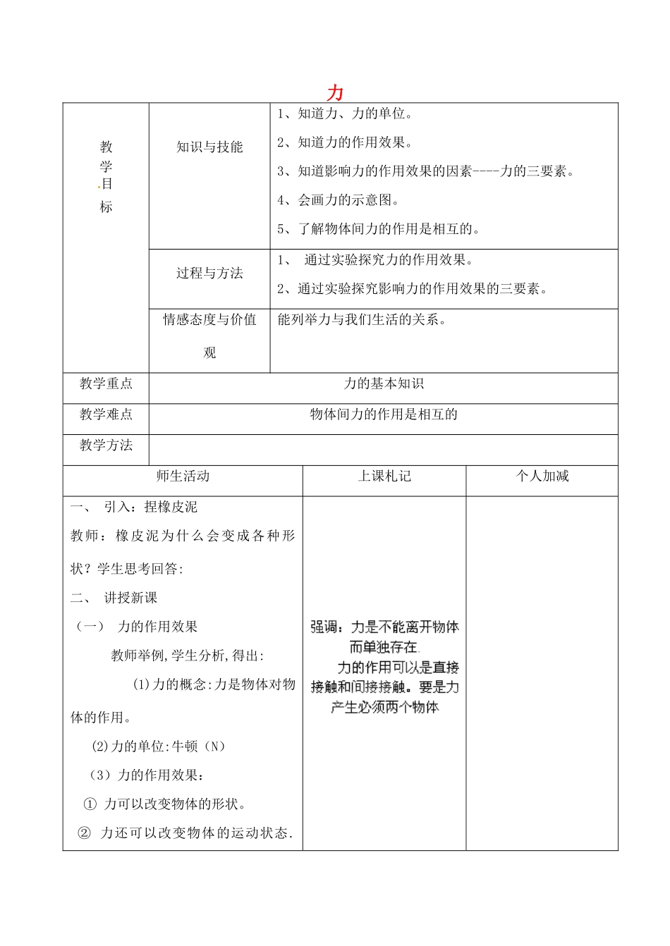 甘肃省永靖县刘家峡中学九年级物理全册 力教案 新人教版_第1页