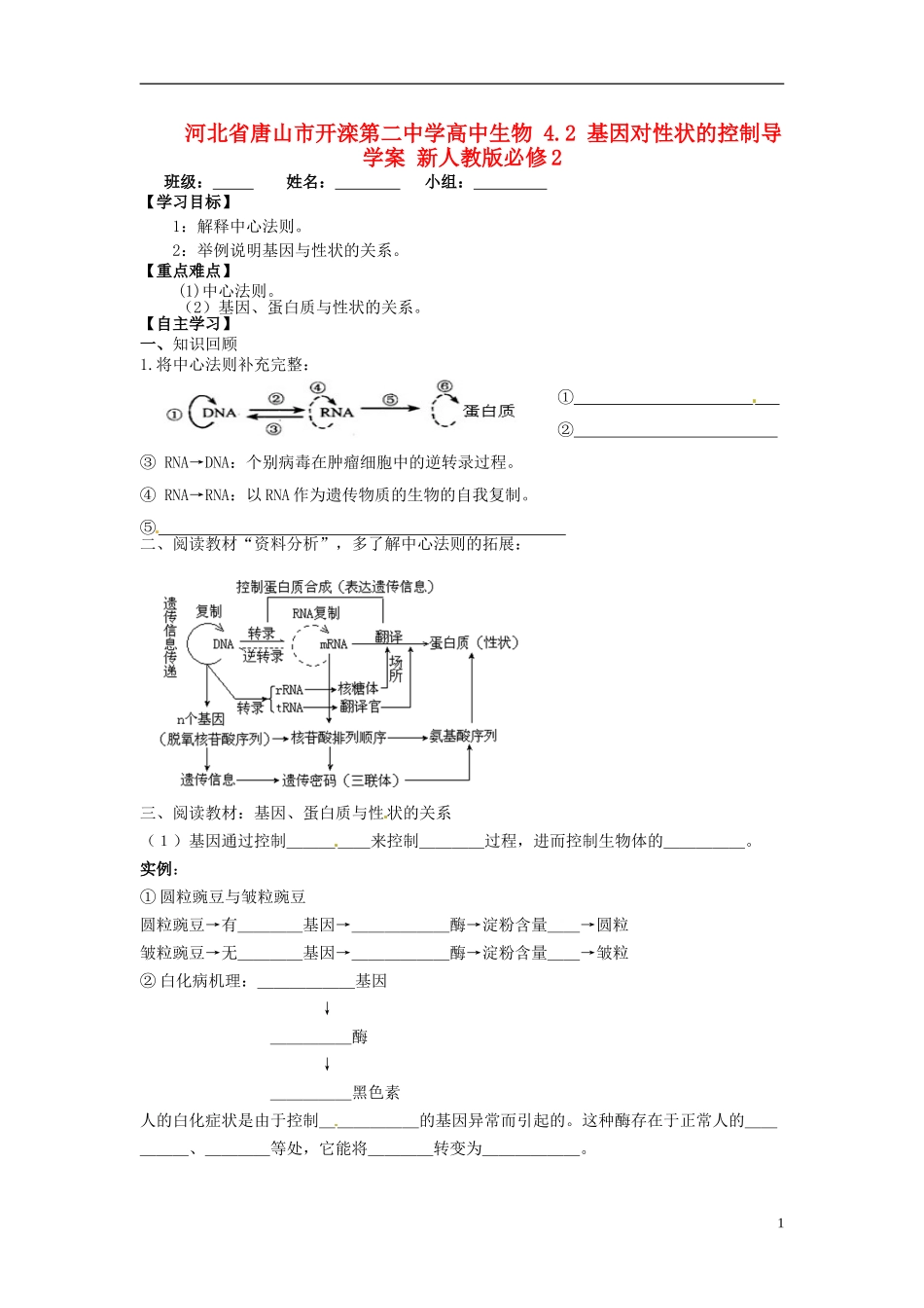 河北省唐山市开滦第二中学高中生物 4.2 基因对性状的控制导学案 新人教版必修2_第1页