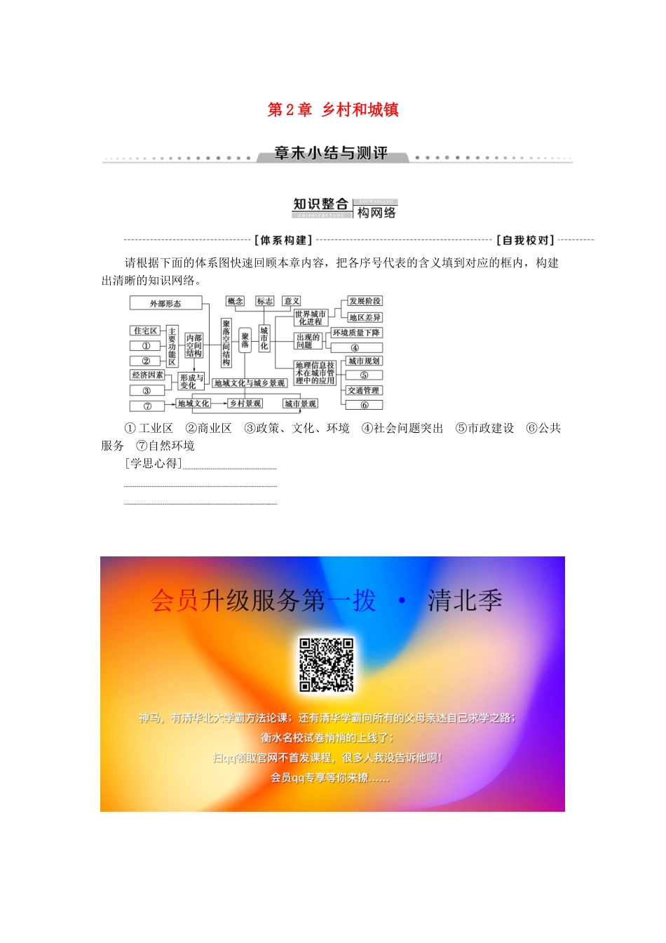 高中地理 第2章 乡村和城镇章末小结与测评学案 新人教版必修第二册-新人教版高一第二册地理学案_第1页